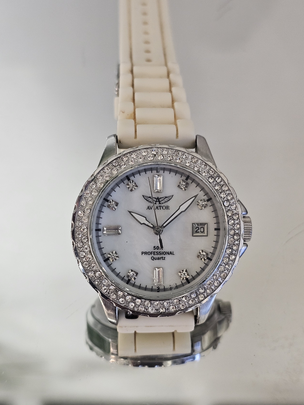 Aviator Women's White Crystal Bezel Silicone Strap Watch